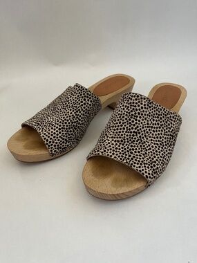 Madewell Clog Mule Sandals Womens 9 Spotted Calf Hair Wood Heel Slides Boho Chic
